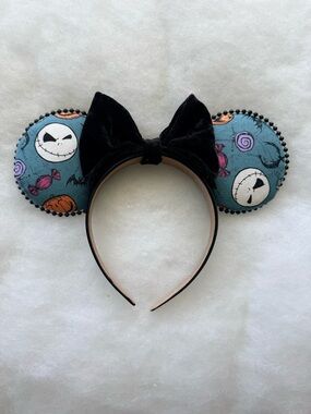 Black Velvet Bow Halloween Ears Headband with Teal Character Print Mickey mouse